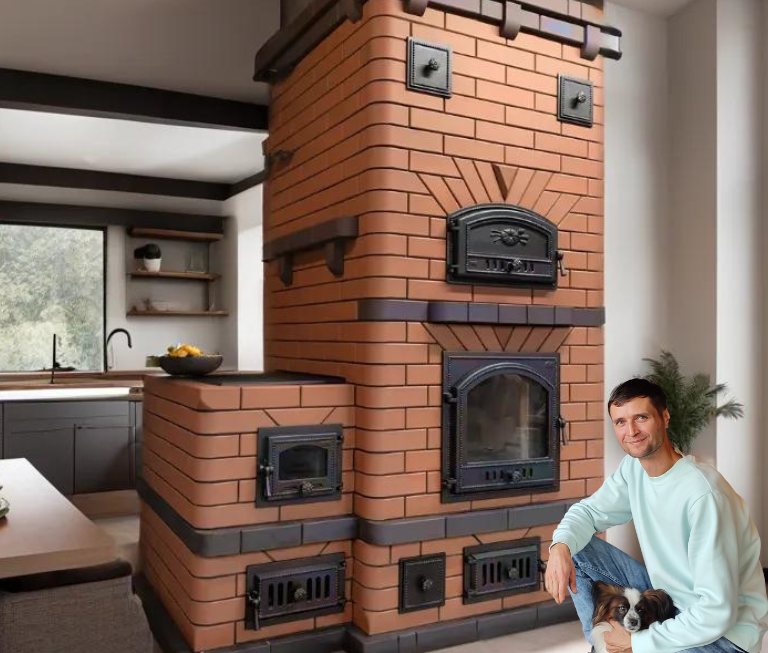 Печник на фоне каминопечи для отопления и приготовления еды